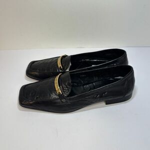 Armando Pollini Design Italian Embossed Leather Penny Loafer Womens Black Gold